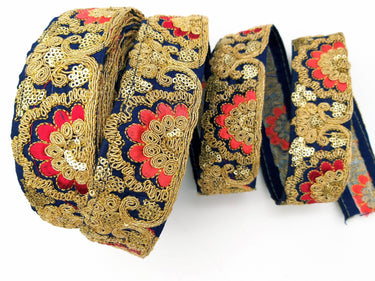 Navy Blue Art Silk Trim With Intricate Floral Embroidery With Sequins, Lace Trim, Indian Lace Trim